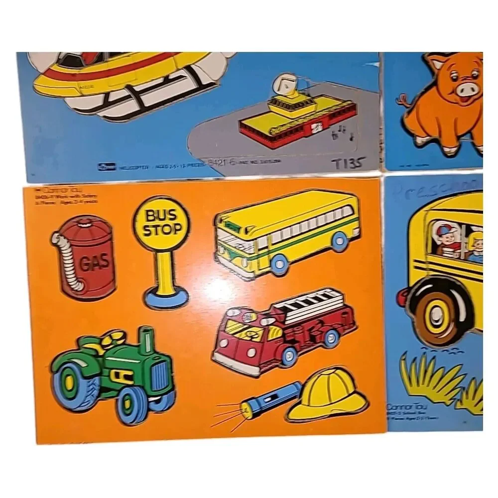 4 Vintage Connor Toy‎ Wooden Board Puzzles Animals Vehicles Bus Helicopter